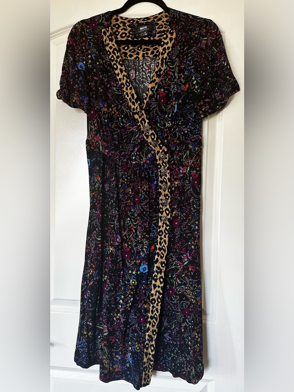 Maeve Anthropologie Black Floral Dress with Leopard Trim